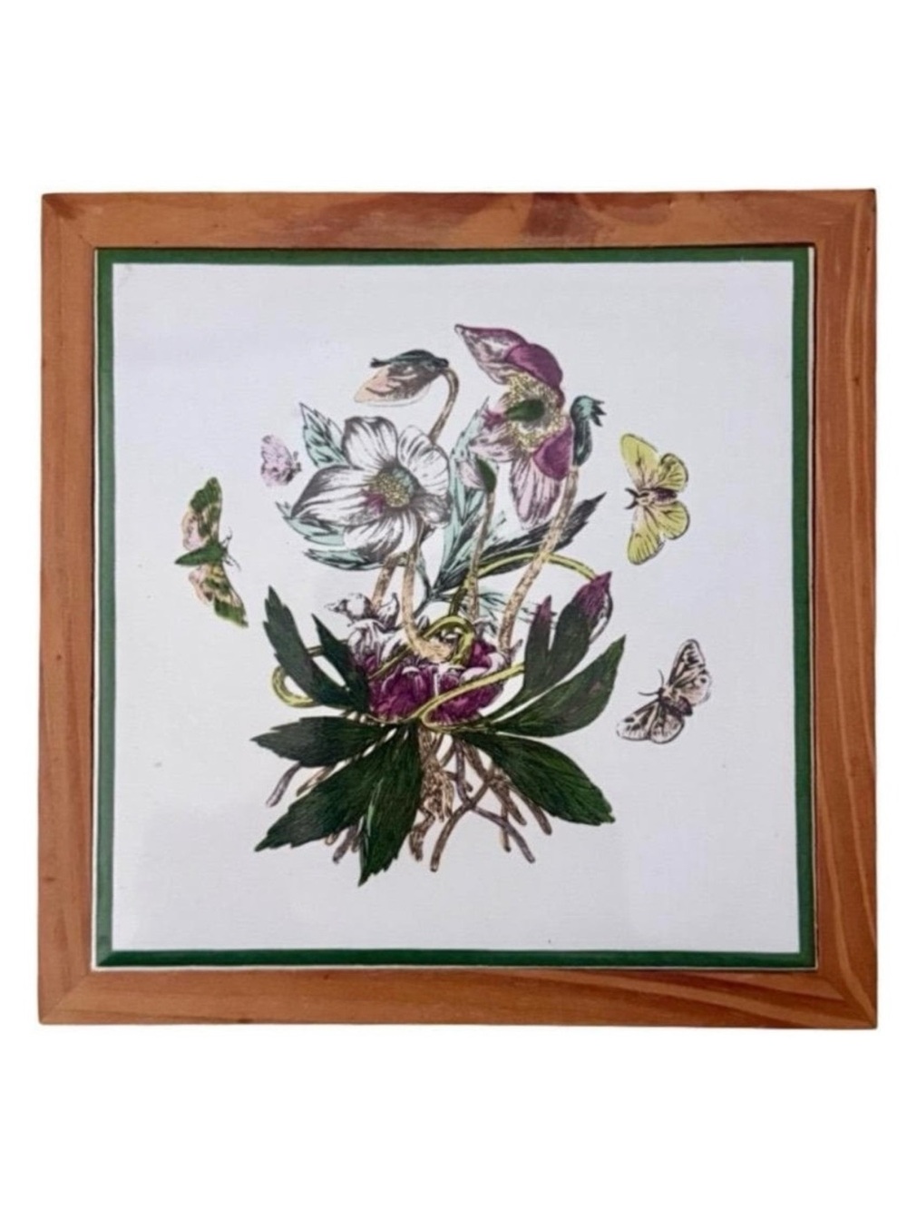 Wood Framed Ceramic Tile Floral Butterfly Cottagecore Fairy Grandmacore Vintage